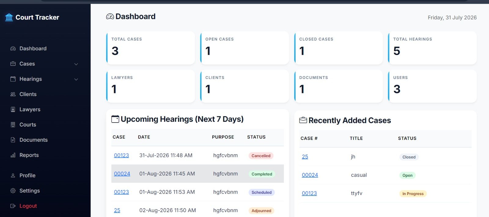 Court Hearing Tracking System