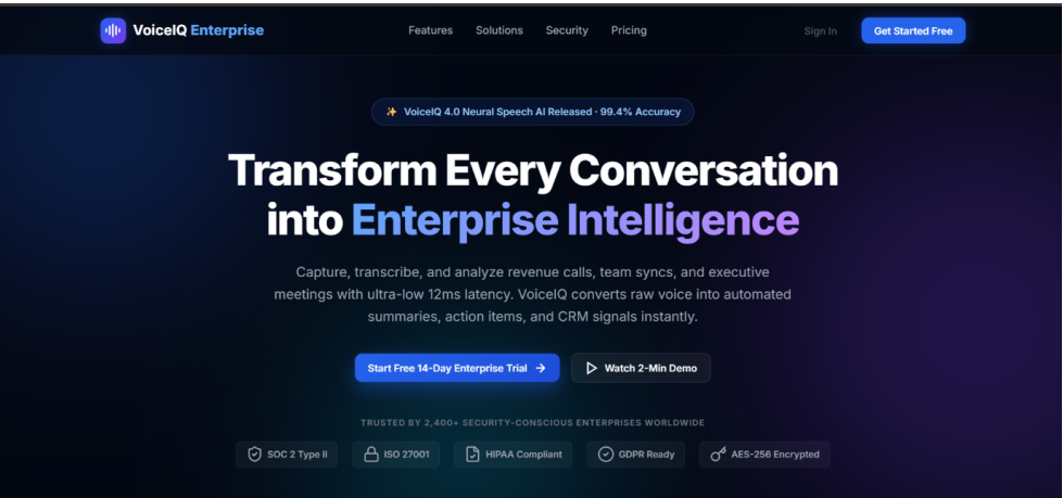 VoiceIQ Enterprise – AI Speech Intelligence & Conversation Analytics Platform